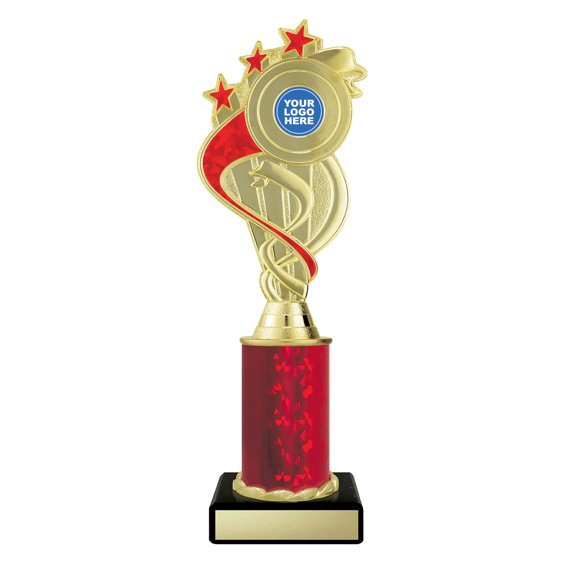 Large gold swirl star trophy with red ribbon detail, red column centre and engraving plate on black base