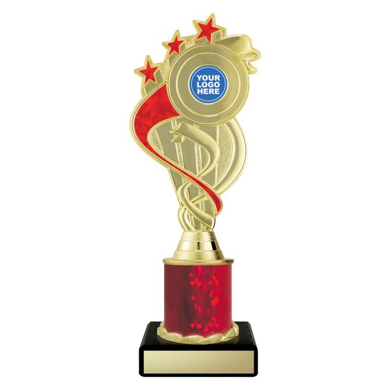 Medium gold swirl star trophy with red ribbon detail, red column centre and engraving plate on black base