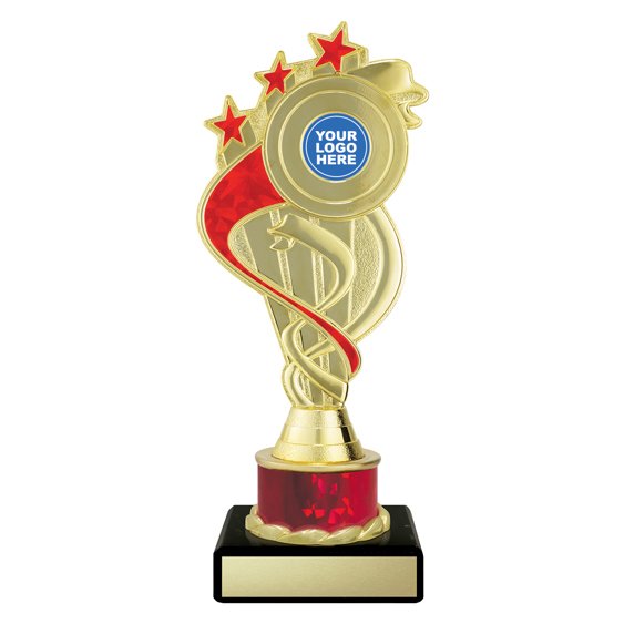 Small gold swirl star trophy with red ribbon detail, red column centre and engraving plate on black base