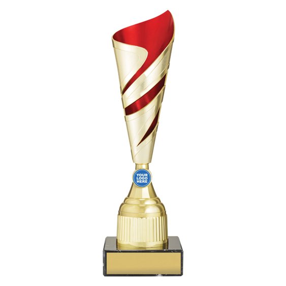 Extra large tall gold twist design cup trophy with red inner panel and circular logo insert on black base