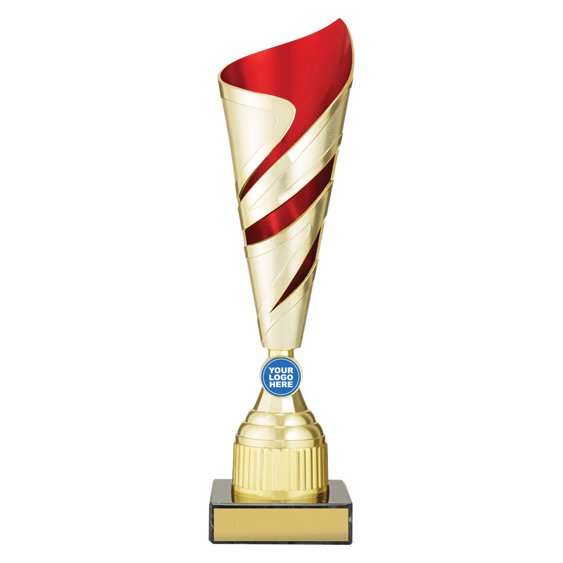 Large tall gold twist design cup trophy with red inner panel and circular logo insert on black base