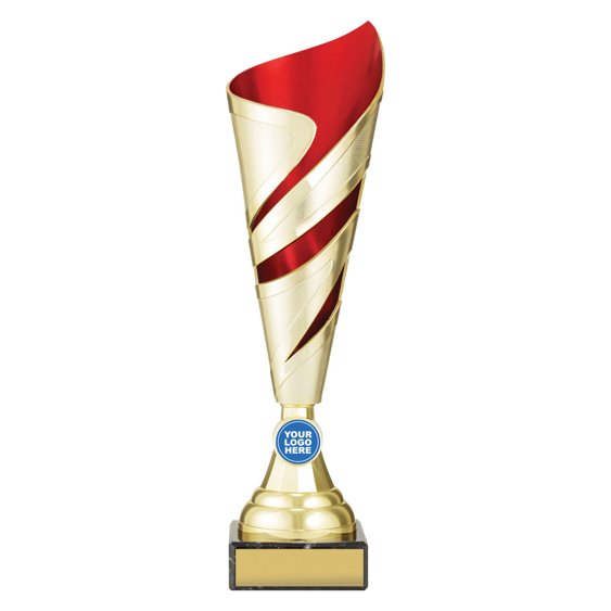 Medium tall gold twist design cup trophy with red inner panel and circular logo insert on black base