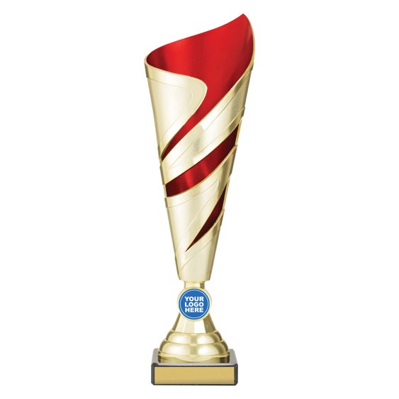 Small tall gold twist design cup trophy with red inner panel and circular logo insert on black base
