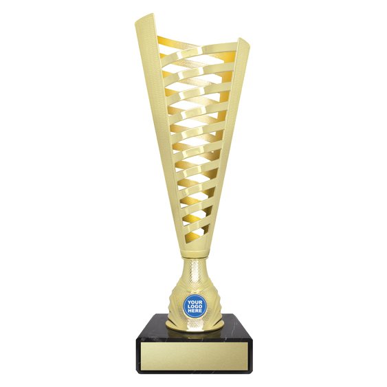 Extra large tall gold lattice design cup trophy with yellow inner panel and circular logo insert on black base