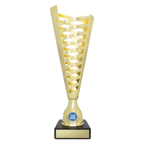 Large tall gold lattice design cup trophy with yellow inner panel and circular logo insert on black base