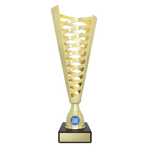 Medium tall gold lattice design cup trophy with yellow inner panel and circular logo insert on black base