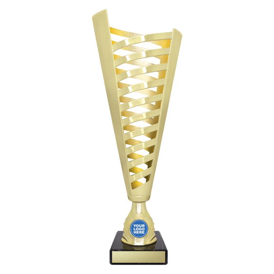 Small tall gold lattice design cup trophy with yellow inner panel and circular logo insert on black base