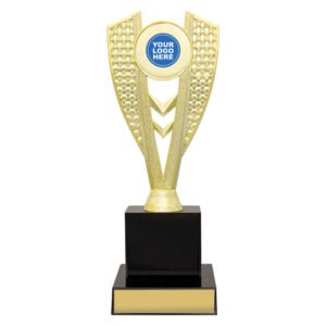 Medium gold V shaped trophy with textured side panels, centre chevron detail and round logo insert on black base with gold engraving plate.