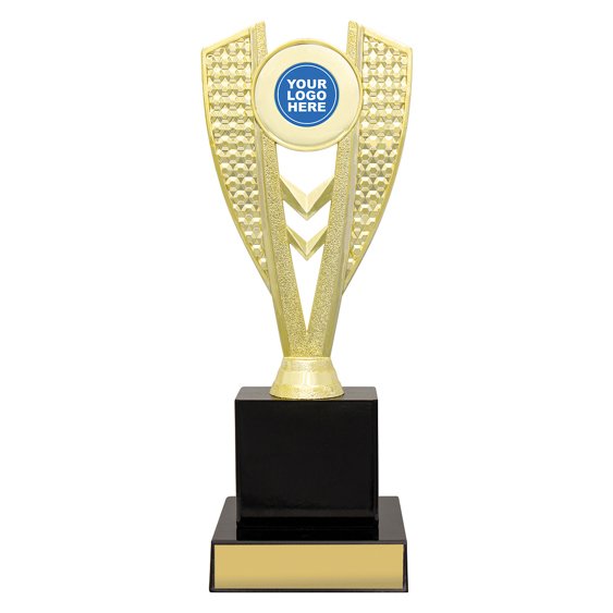 Medium gold V shaped trophy with textured side panels, centre chevron detail and round logo insert on black base with gold engraving plate.