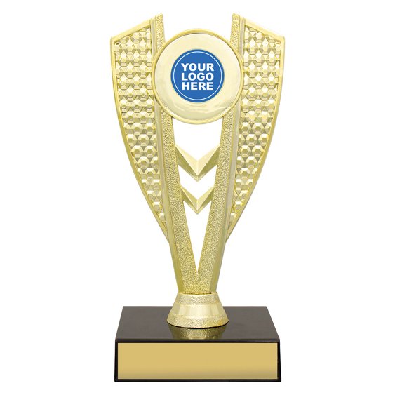 Small gold V shaped trophy with textured side panels, centre chevron detail and round logo insert on black base with gold engraving plate.
