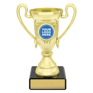 Small classic gold cup trophy with curved side handles, fluted body detail, round logo insert holder and black marble base with gold engraving plate.