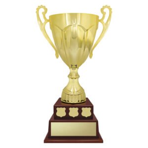 Classic gold cup trophy with handles on wooden perpetual base.