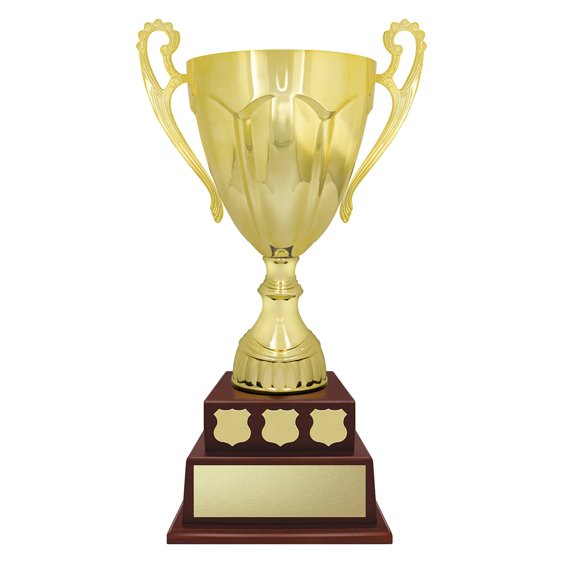 Classic gold cup trophy with handles on wooden perpetual base.