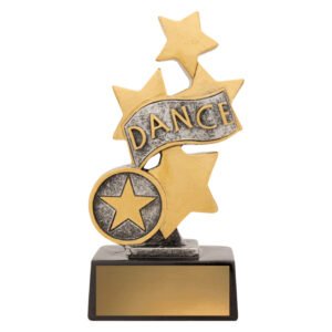 Small gold dance trophy with star shapes and banner on black base with blank engraving plate