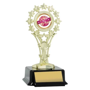 Small gold dance trophy with star circle design and central dance logo insert on black base with engraving plate