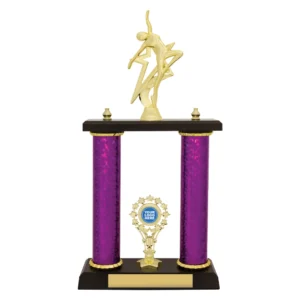 Gold dancer column trophy with purple columns and circular logo insert holder on base