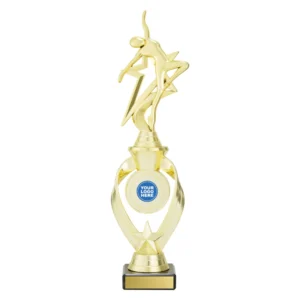 Gold dancer star trophy with circular logo insert holder on black base