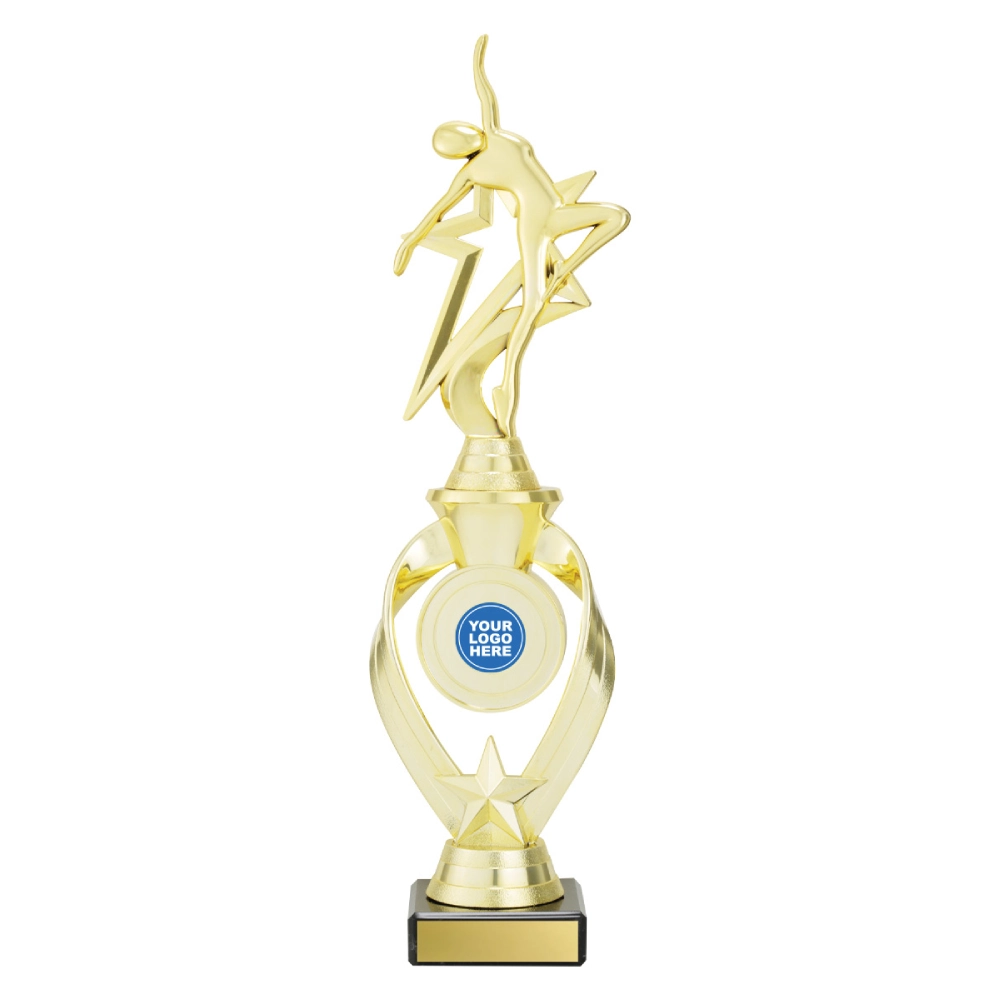 Gold dancer star trophy with circular logo insert holder on black base