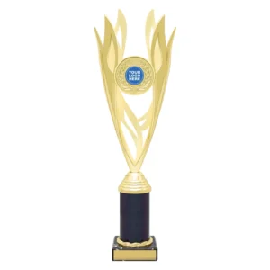 Large gold flame trophy with black column and centre logo insert on marble base
