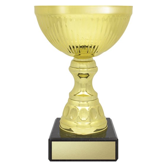 Large gold fluted bowl trophy with textured cup, patterned stem and black marble base with engraving plate.