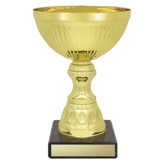 Medium gold fluted bowl trophy with textured cup, patterned stem and black marble base with engraving plate.