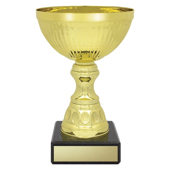 Small gold fluted bowl trophy with textured cup, patterned stem and black marble base with engraving plate.