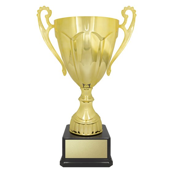 Extra extra extra large gold fluted cup trophy with decorative side handles, rounded stem and square black base with gold engraving plate.