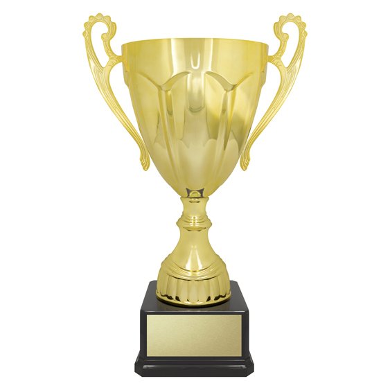 Extra extra large gold fluted cup trophy with decorative side handles, rounded stem and square black base with gold engraving plate.