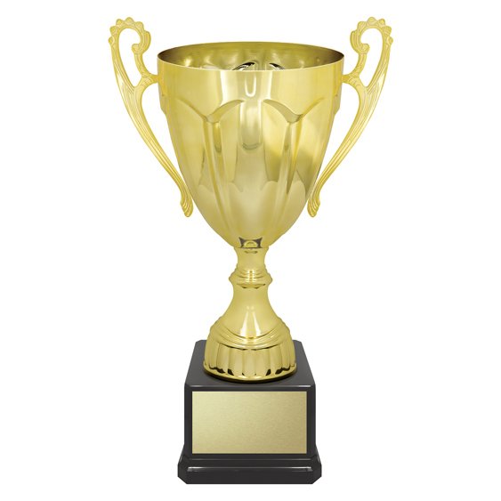 Extra extra small gold fluted cup trophy with decorative side handles, rounded stem and square black base with gold engraving plate.