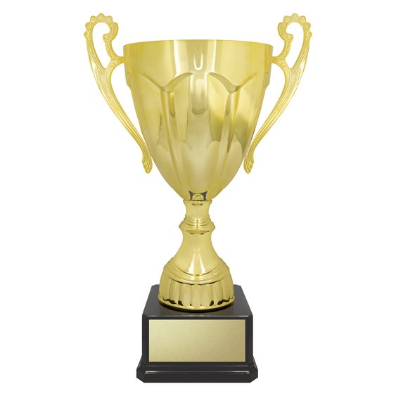 Extra large gold fluted cup trophy with decorative side handles, rounded stem and square black base with gold engraving plate.