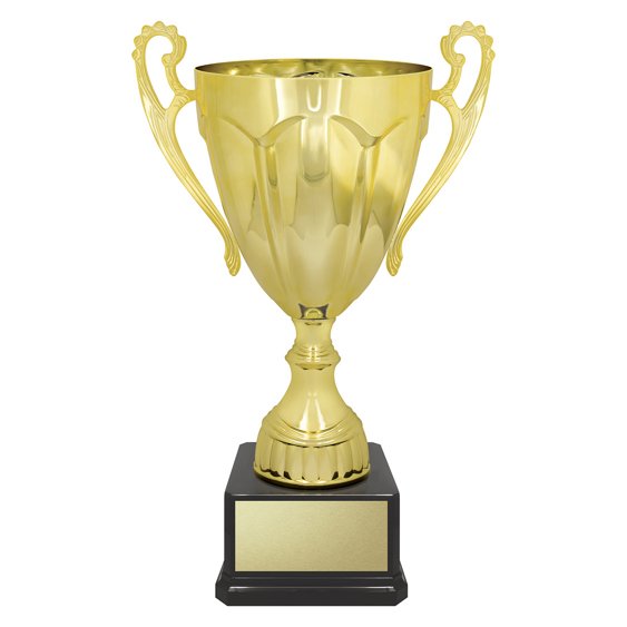 Extra small gold fluted cup trophy with decorative side handles, rounded stem and square black base with gold engraving plate.