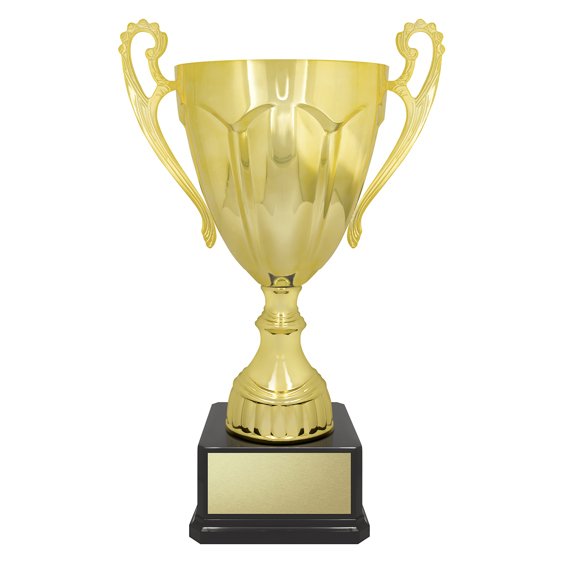 Large gold fluted cup trophy with decorative side handles, rounded stem and square black base with gold engraving plate.