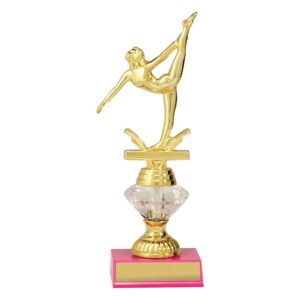 Large gold gymnastics figure trophy on clear crystal style riser with pink base and blank engraving plate