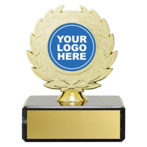 Small gold laurel wreath award with black marble base and circular logo insert holder