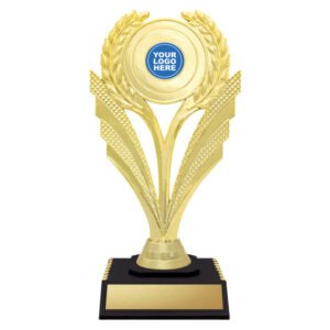 Small gold laurel wreath trophy with black base and circular logo insert holder