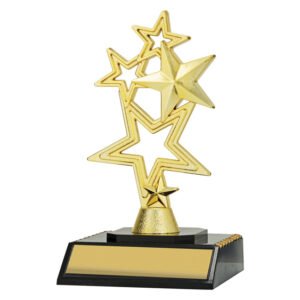 Small gold layered star trophy with multi star design and engraving plate on black base
