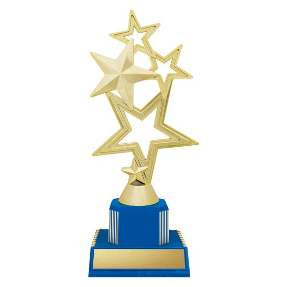Medium gold multi star trophy with blue base and engraved name plate