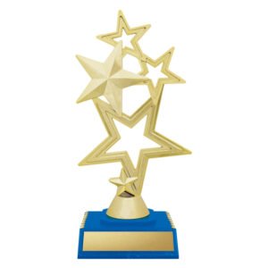 Small gold multi star trophy with blue base and engraved name plate