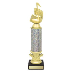 Large gold music note column trophy with holographic column and black base with engraved name plate