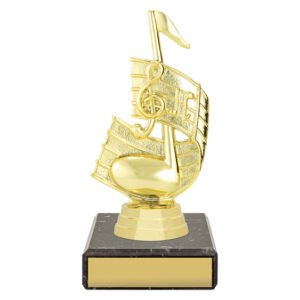 Small gold music note trophy with treble clef and black marble base with engraved name plate