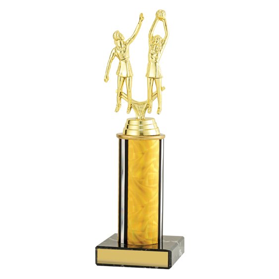 Extra large gold netball trophy featuring two players in action, yellow swirl column centre and engraving plate on black base