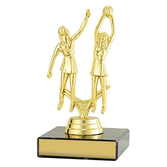 Extra small gold netball trophy featuring two players in action, yellow swirl column centre and engraving plate on black base