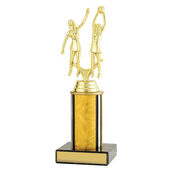 Large gold netball trophy featuring two players in action, yellow swirl column centre and engraving plate on black base