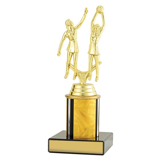 Medium gold netball trophy featuring two players in action, yellow swirl column centre and engraving plate on black base
