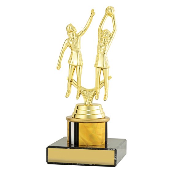 Small gold netball trophy featuring two players in action, yellow swirl column centre and engraving plate on black base