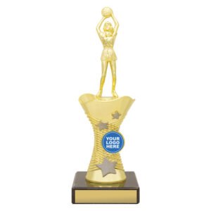 Small gold netball trophy with female player figure, star accents on stem and engraving plate on black base