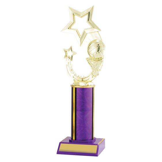 Extra large gold netball star trophy with ball and hoop detail, purple column centre and engraving plate on solid base