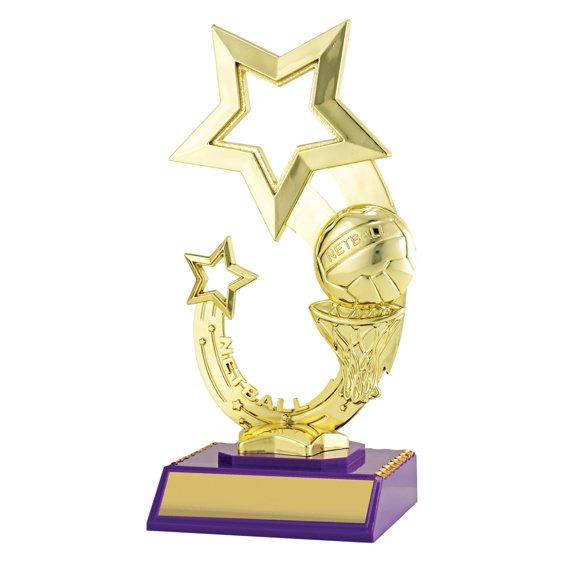 Extra small gold netball star trophy with ball and hoop detail, purple column centre and engraving plate on solid base