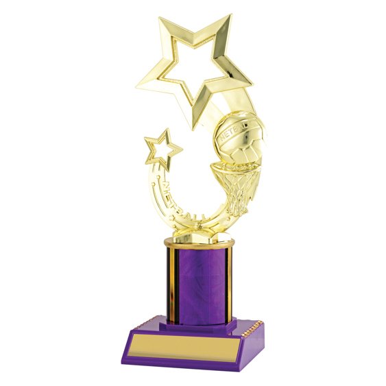 Medium gold netball star trophy with ball and hoop detail, purple column centre and engraving plate on solid base