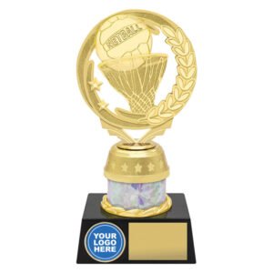 Medium gold netball wreath trophy with ball and hoop detail, holographic column centre and engraving plate on black base